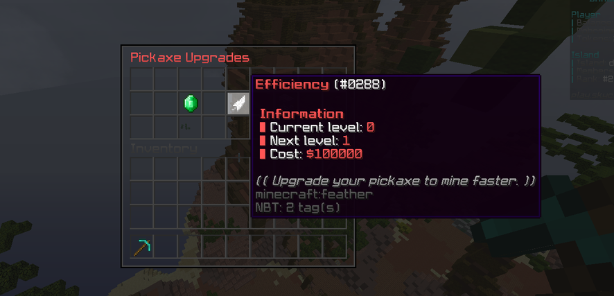 Pickaxe upgrades interface